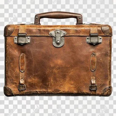 A realistic vintage suitcase viewed from above, made of aged brown leather with subtle scratches and patina, detailed silver hardware with intricate clasps, and a sturdy leather handle. . The suitcase rests on a clean, white background with no shadow, highlighting its textures and details. The focus is sharp, with fine attention to the leather grain, stitching, and metallic reflections on the hardware. Hyper-realistic, studio lighting, ultra-detailed --s 250