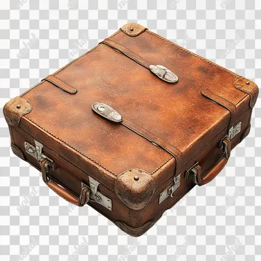 A realistic vintage suitcase viewed from above, made of aged brown leather with subtle scratches and patina, detailed silver hardware with intricate clasps, and a sturdy leather handle. . The suitcase rests on a clean, white background with no shadow, highlighting its textures and details. The focus is sharp, with fine attention to the leather grain, stitching, and metallic reflections on the hardware. Hyper-realistic, studio lighting, ultra-detailed --s 250