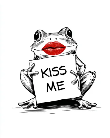 funny sketch illustration of a Frog Princess holding a sign that says "KISS ME", red upturned lips, simple black line art, white background, cheerful expression, minimalist cartoon style, light whimsical vibe  --raw rofile ghbjznt
