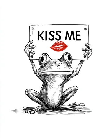 funny sketch illustration of a Frog Princess holding a sign that says "KISS ME", red upturned lips, simple black line art, white background, cheerful expression, minimalist cartoon style, light whimsical vibe  --raw rofile ghbjznt