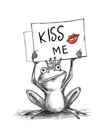 funny sketch illustration of a Frog Princess holding a sign that says "KISS ME", red upturned lips, simple black line art, white background, cheerful expression, minimalist cartoon style, light whimsical vibe  --raw rofile ghbjznt