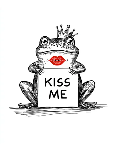 funny sketch illustration of a Frog Princess holding a sign that says "KISS ME", red upturned lips, simple black line art, white background, cheerful expression, minimalist cartoon style, light whimsical vibe  --raw rofile ghbjznt