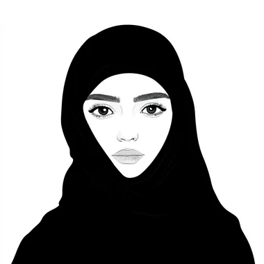 A simple Illustrator design of an Emirati woman without facial features (without eyes, mouth, or nose) in black and white