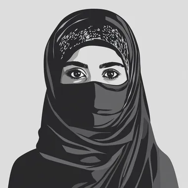 A simple Illustrator design of an Emirati woman without facial features (without eyes, mouth, or nose) in black and white