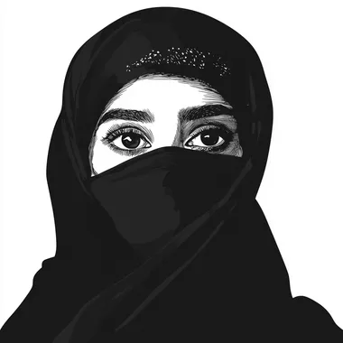 A simple Illustrator design of an Emirati woman without facial features (without eyes, mouth, or nose) in black and white