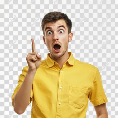 Young man in yellow shirt pointing with finger at right site, surprised and shocked expression isolated on white background. The concept of an advertising banner about creation or an idea. A young businessman holds his head in shock and looks at something amazing against a plain white background. The male model is dressed in business casual and has short hair. Studio shot.