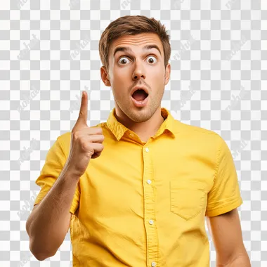 Young man in yellow shirt pointing with finger at right site, surprised and shocked expression isolated on white background. The concept of an advertising banner about creation or an idea. A young businessman holds his head in shock and looks at something amazing against a plain white background. The male model is dressed in business casual and has short hair. Studio shot.