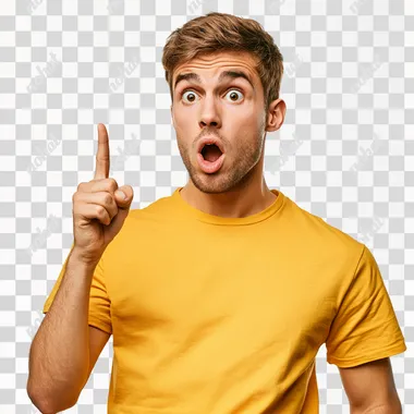 Young man in yellow shirt pointing with finger at right site, surprised and shocked expression isolated on white background. The concept of an advertising banner about creation or an idea. A young businessman holds his head in shock and looks at something amazing against a plain white background. The male model is dressed in business casual and has short hair. Studio shot.