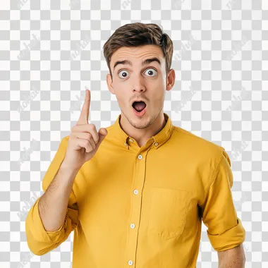 Young man in yellow shirt pointing with finger at right site, surprised and shocked expression isolated on white background. The concept of an advertising banner about creation or an idea. A young businessman holds his head in shock and looks at something amazing against a plain white background. The male model is dressed in business casual and has short hair. Studio shot.