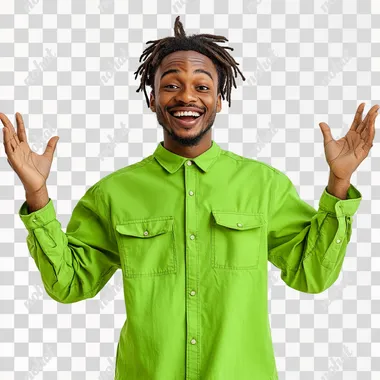 Excited young adult maths professional person of colour, white background, bright green shirt