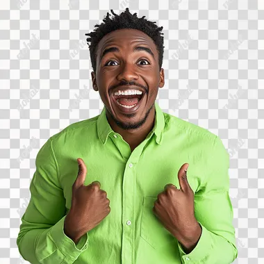 Excited young adult maths professional person of colour, white background, bright green shirt