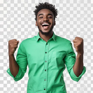 Excited young adult maths professional person of colour, white background, bright green shirt