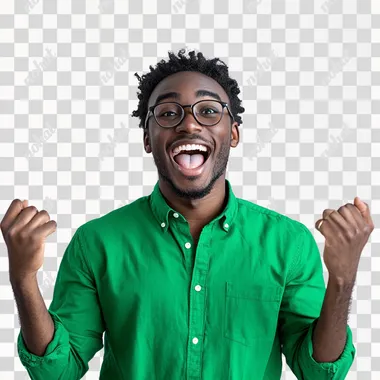 Excited young adult maths professional person of colour, white background, bright green shirt