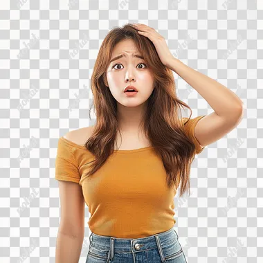 a Korean woman on her 30s, looks confused, one hand on her head, full body shot image from head to waist, for advertisement, remove background