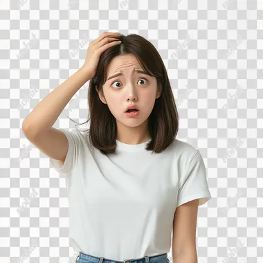 a Korean woman on her 30s, looks confused, one hand on her head, full body shot image from head to waist, for advertisement, remove background