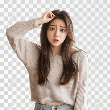 a Korean woman on her 30s, looks confused, one hand on her head, full body shot image from head to waist, for advertisement, remove background