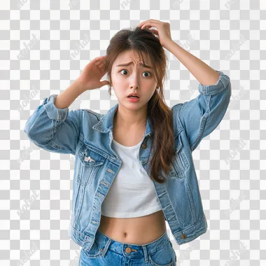 a Korean woman on her 30s, looks confused, one hand on her head, full body shot image from head to waist, for advertisement, remove background