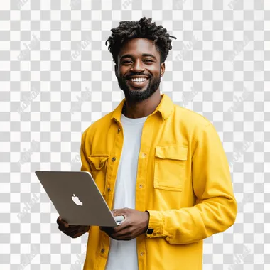 African American man standing with his macbook open on his hand. yellow clothes. SMILING. WHITE BACKGROUND