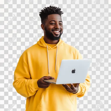 African American man standing with his macbook open on his hand. yellow clothes. SMILING. WHITE BACKGROUND