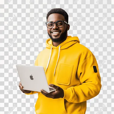 African American man standing with his macbook open on his hand. yellow clothes. SMILING. WHITE BACKGROUND