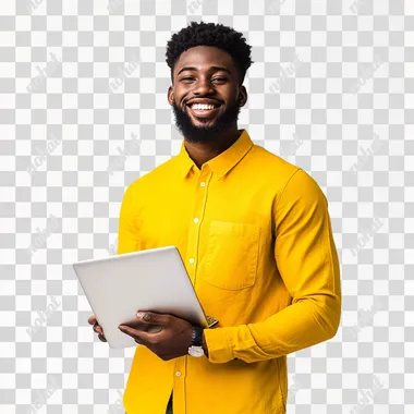 African American man standing with his macbook open on his hand. yellow clothes. SMILING. WHITE BACKGROUND