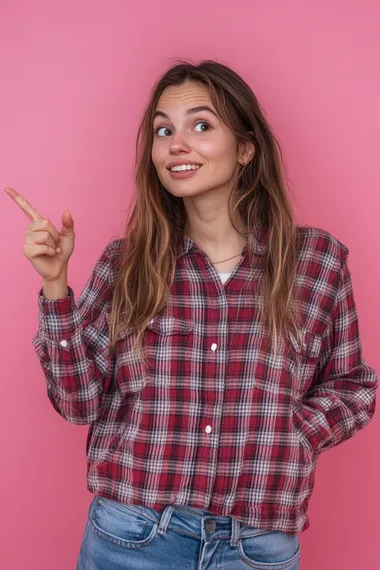 woman , casual clothes, looking to the side and smiling, pointing to the side, isolated pink background,