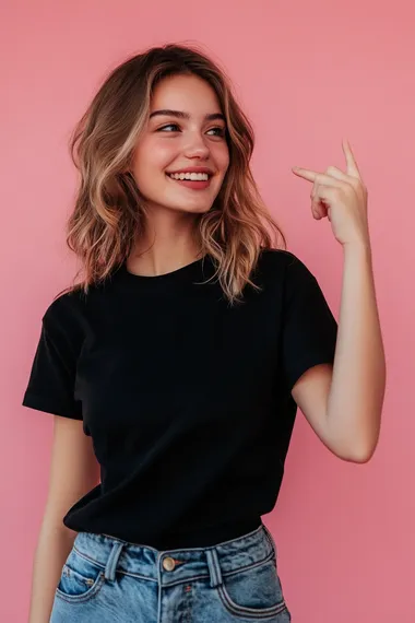 woman , casual clothes, looking to the side and smiling, pointing to the side, isolated pink background,