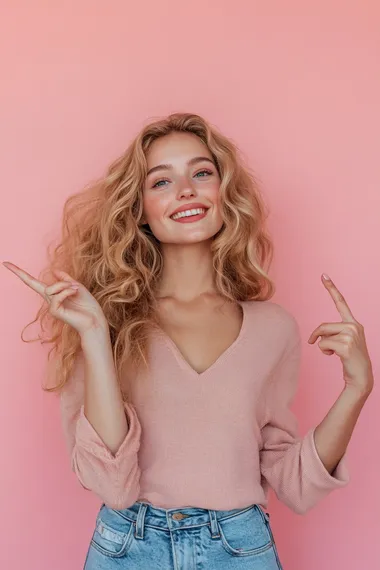 woman , casual clothes, looking to the side and smiling, pointing to the side, isolated pink background,