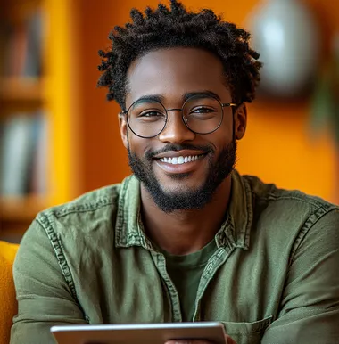 A handsome young man wearing a green shirt and glasses, smiling and holding an iPad in his hands, against an orange background. Professional photography with professional lighting.  --s 750