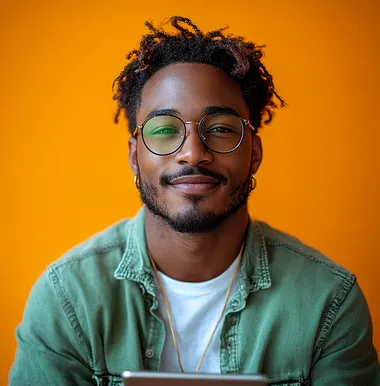 A handsome young man wearing a green shirt and glasses, smiling and holding an iPad in his hands, against an orange background. Professional photography with professional lighting.  --s 750