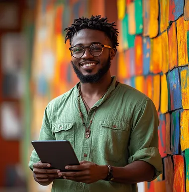 A handsome young man wearing a green shirt and glasses, smiling and holding an iPad in his hands, against an orange background. Professional photography with professional lighting.  --s 750