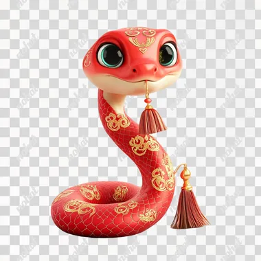 Cute red snake, festive with gold patterns and tassels on the tail, big eyes, white background, 3D cartoon style. The cute expression is lively and lovely. It has exquisite details, high-definition resolution, bright colors, warm lighting, soft shadows, and no other elements in front of it, in the style of a cartoon.