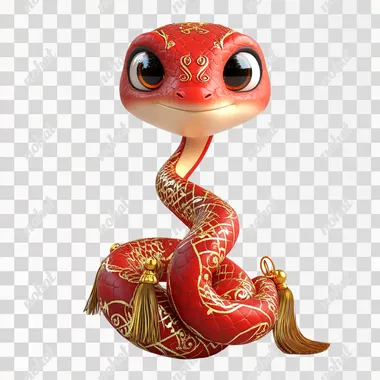 Cute red snake, festive with gold patterns and tassels on the tail, big eyes, white background, 3D cartoon style. The cute expression is lively and lovely. It has exquisite details, high-definition resolution, bright colors, warm lighting, soft shadows, and no other elements in front of it, in the style of a cartoon.