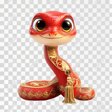 Cute red snake, festive with gold patterns and tassels on the tail, big eyes, white background, 3D cartoon style. The cute expression is lively and lovely. It has exquisite details, high-definition resolution, bright colors, warm lighting, soft shadows, and no other elements in front of it, in the style of a cartoon.