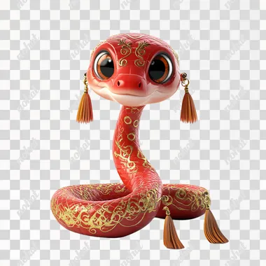 Cute red snake, festive with gold patterns and tassels on the tail, big eyes, white background, 3D cartoon style. The cute expression is lively and lovely. It has exquisite details, high-definition resolution, bright colors, warm lighting, soft shadows, and no other elements in front of it, in the style of a cartoon.