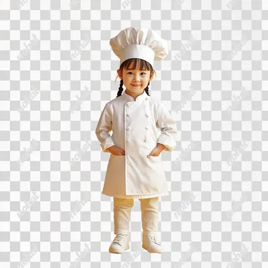 Child in a chef costume full-length on a yellow background super realistic