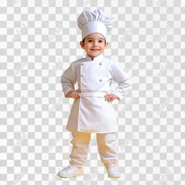 Child in a chef costume full-length on a yellow background super realistic