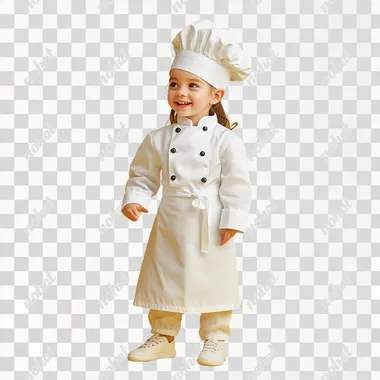 Child in a chef costume full-length on a yellow background super realistic