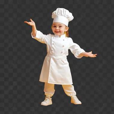 Child in a chef costume full-length on a yellow background super realistic