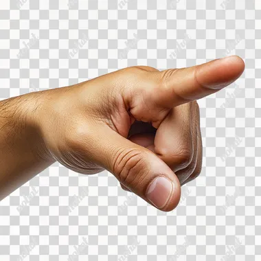Close-up of outstretched hand, Asian skin, index finger pointing downward, white background, high resolution photography, award-winning composition, high definition, natural lighting  --s 250