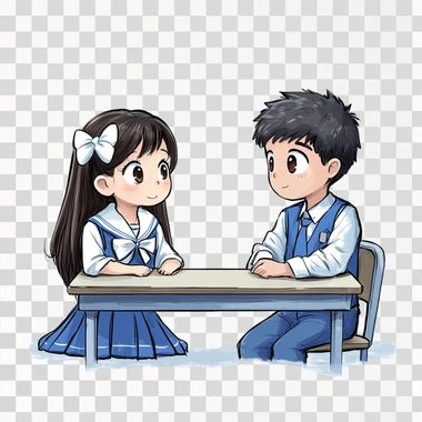 Draw a girl with white bows and a blue school uniform and a boy in a white shirt and a blue jacket sitting at a desk at school in a hand-drawn cartoon style on a white background.