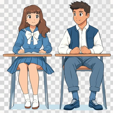 Draw a girl with white bows and a blue school uniform and a boy in a white shirt and a blue jacket sitting at a desk at school in a hand-drawn cartoon style on a white background.