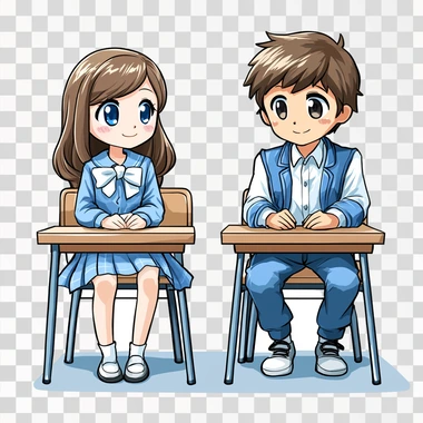 Draw a girl with white bows and a blue school uniform and a boy in a white shirt and a blue jacket sitting at a desk at school in a hand-drawn cartoon style on a white background.