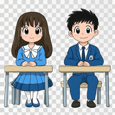 Draw a girl with white bows and a blue school uniform and a boy in a white shirt and a blue jacket sitting at a desk at school in a hand-drawn cartoon style on a white background.