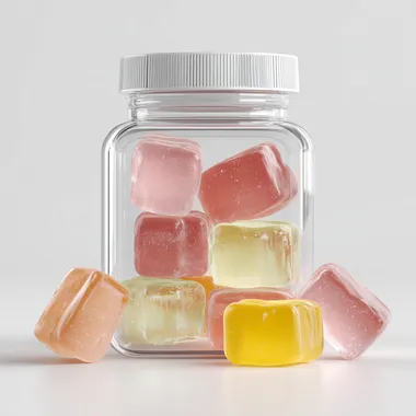 A realistic photo, a simple and cool transparent square bottle package, filled with large transparent gummies in pale colors. The gummies are shiny and jiggly. The background is white. A product from a cosmetic brand. A cool and simple unisex brand.