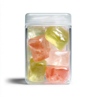 A realistic photo, a simple and cool transparent square bottle package, filled with large transparent gummies in pale colors. The gummies are shiny and jiggly. The background is white. A product from a cosmetic brand. A cool and simple unisex brand.