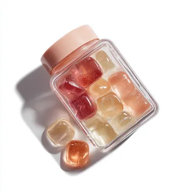 A realistic photo, a simple and cool transparent square bottle package, filled with large transparent gummies in pale colors. The gummies are shiny and jiggly. The background is white. A product from a cosmetic brand. A cool and simple unisex brand.