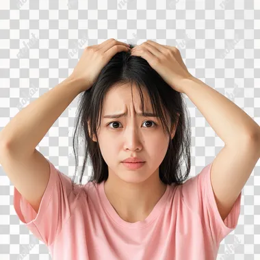 Stressed asian mom Wearing Pink Shirt. white background