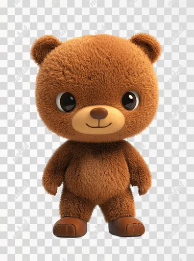 A 3D rendering of a cute brown bear cub is shown against a white background. It is depicted from the front. Standing pose, 3D, blind box, chibi The bear cub is bright brown with brown feet and paws. It has large, expressive eyes.