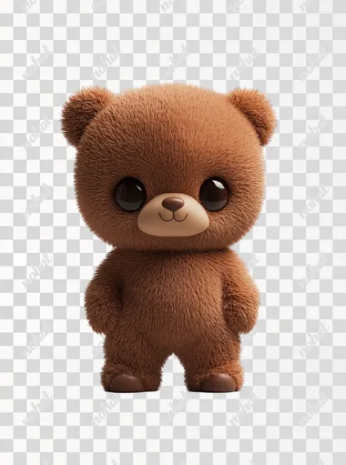 A 3D rendering of a cute brown bear cub is shown against a white background. It is depicted from the front. Standing pose, 3D, blind box, chibi The bear cub is bright brown with brown feet and paws. It has large, expressive eyes.